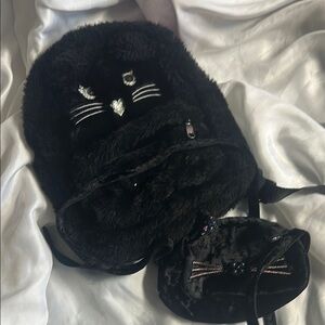 Black Furry Cat Backpack with Matching Purse